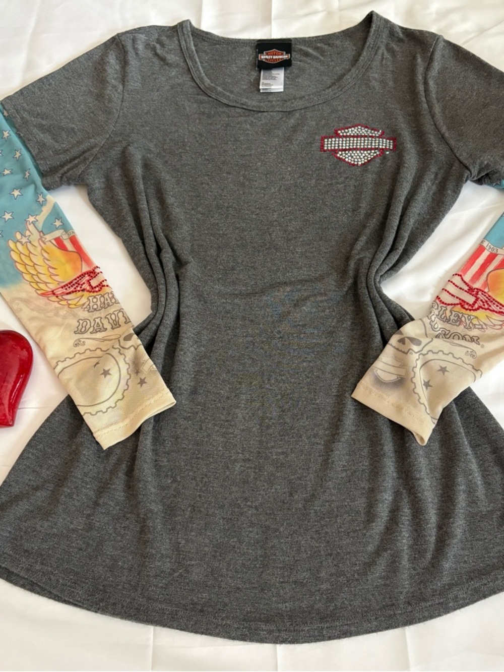 Harley-Davidson W~S Gray Sheer  Tattoo Sleeve Top with Rhinestone Graphic logo